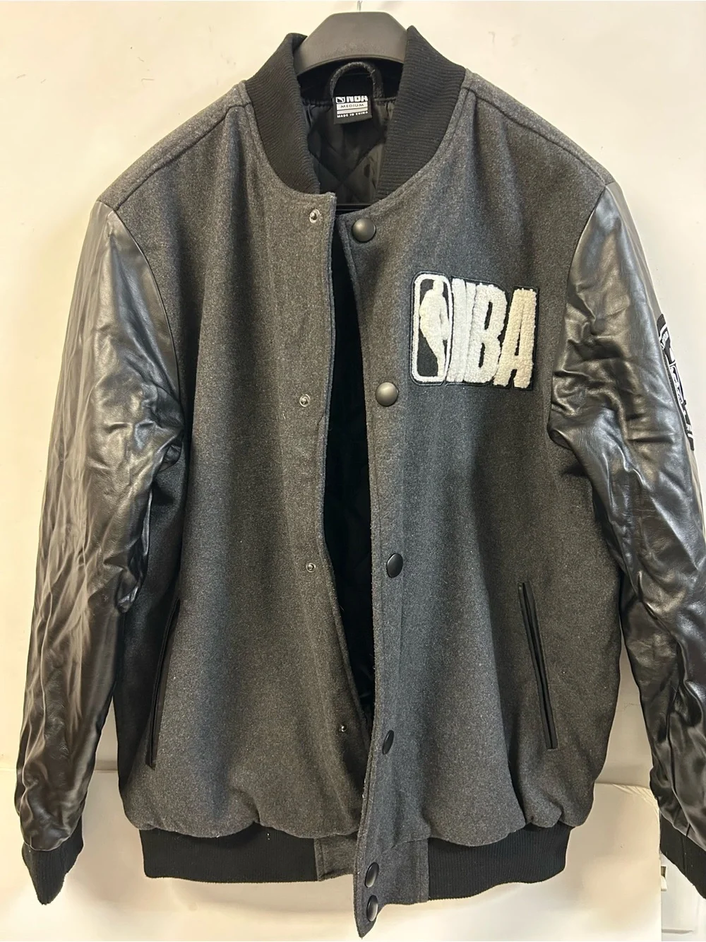 NBA Charcoal Gray Wool Body with Black Leather Sleeve Varsity Jacket